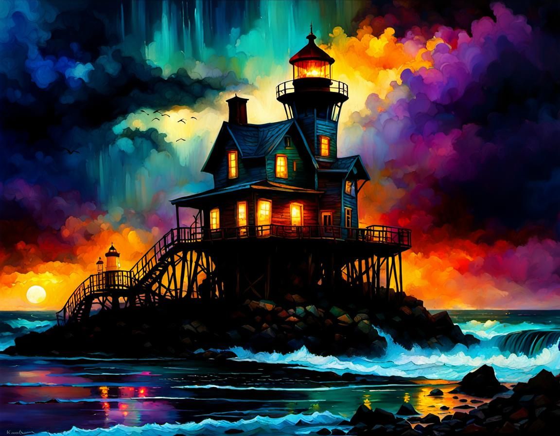Coastal Lighthouse in Atmospheric Mixed Media Style