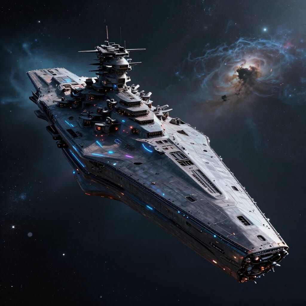 Hyperrealistic Futuristic Battleship in Deep Space