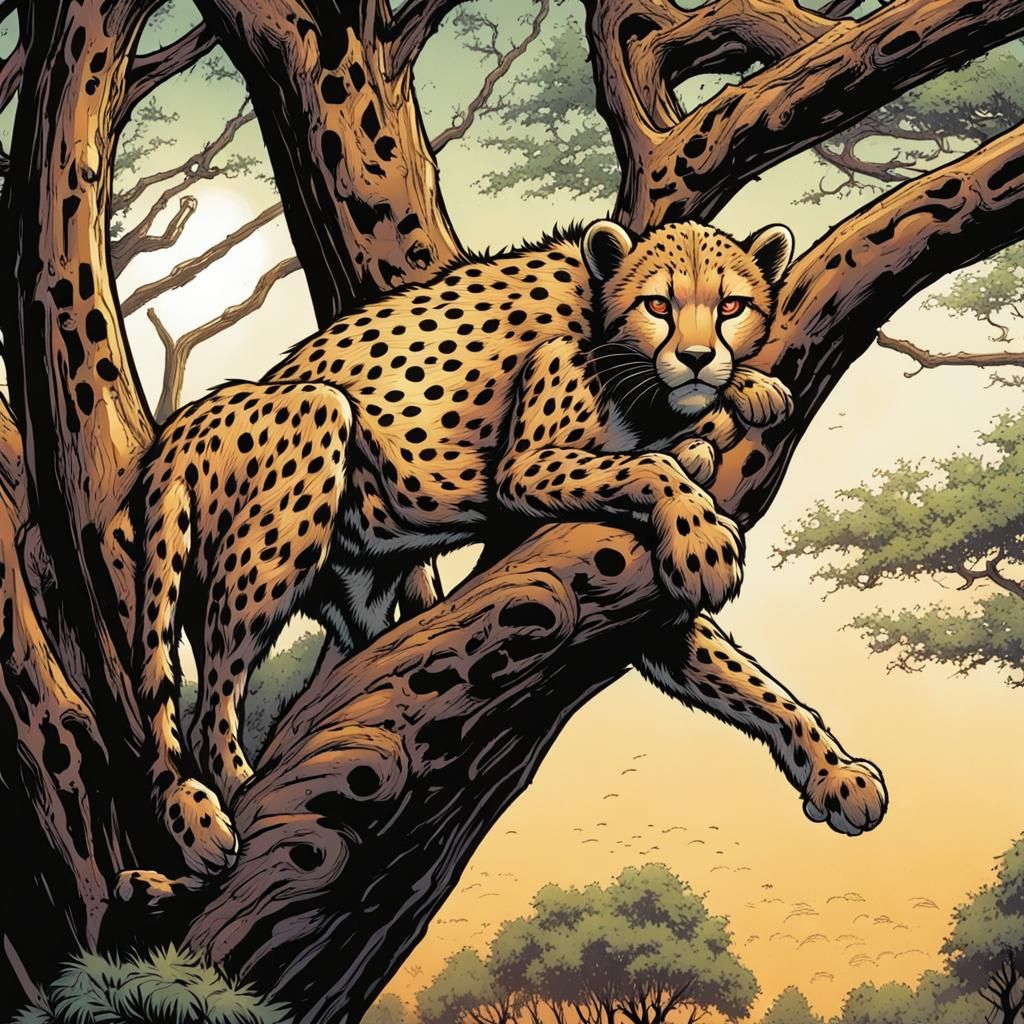 Cheetah Climbing Tree in Comic Book Art Style