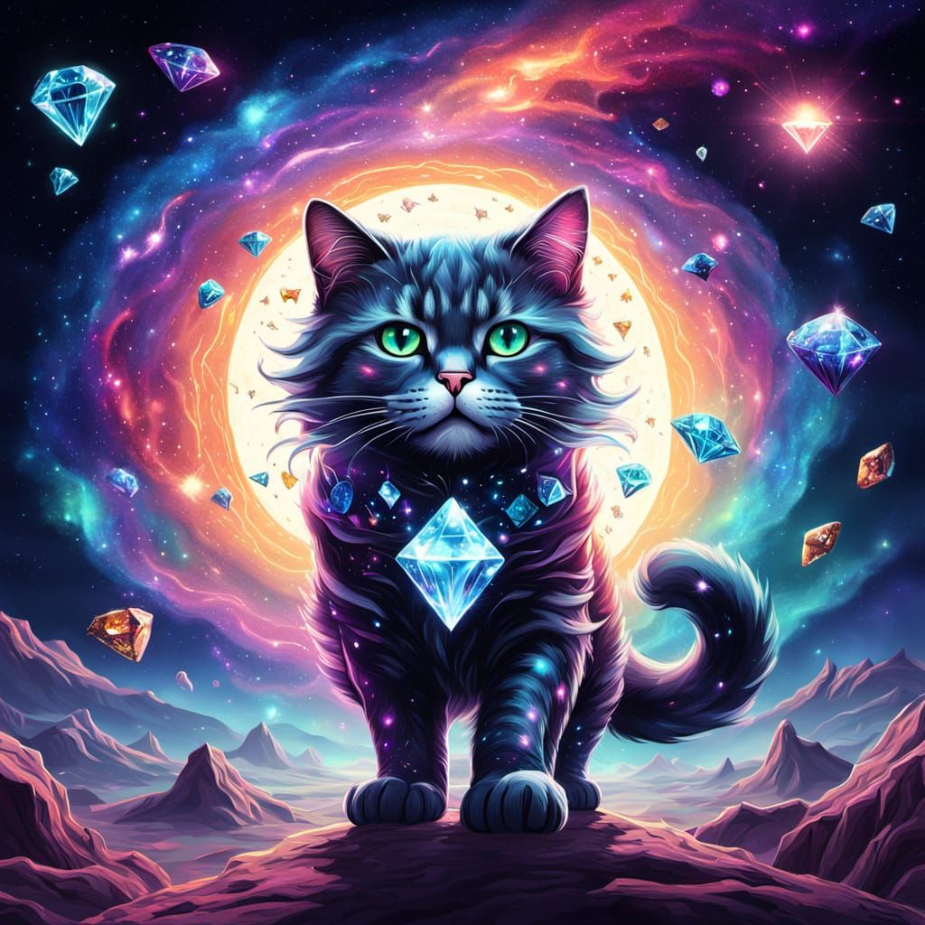 Whimsical Cat Hunts Diamond in Luminescent Galaxy