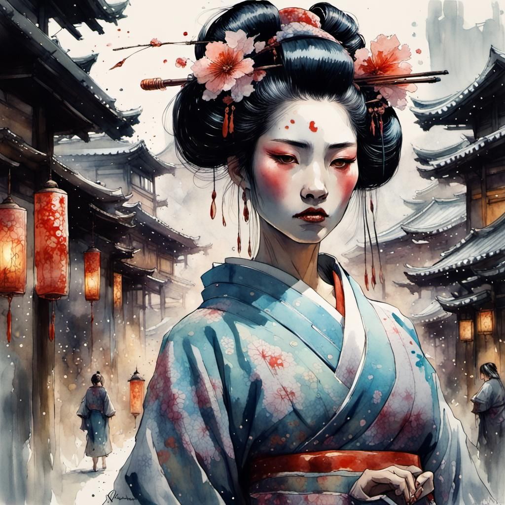 Geisha in Watercolor Wonderland, DreamWorks Animation Style
