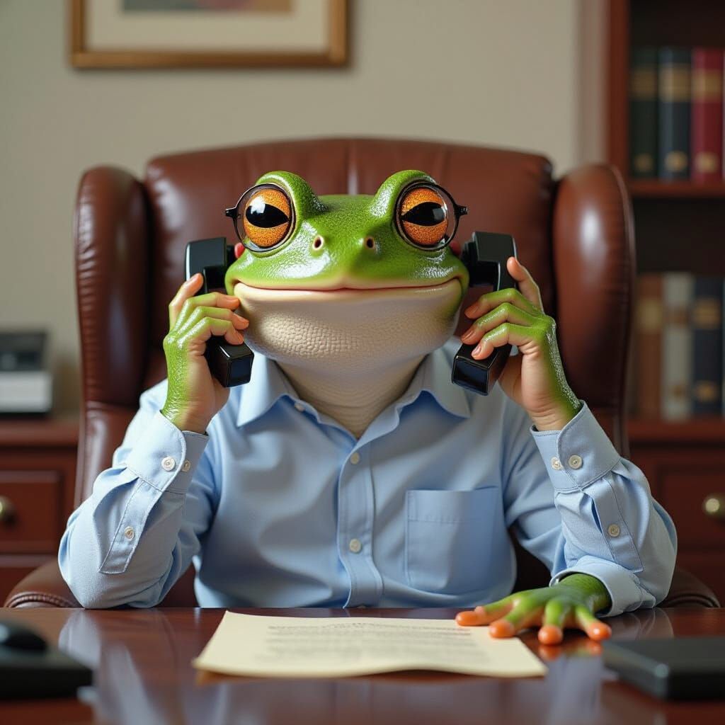Photorealistic Frog Secretary Answering Phone