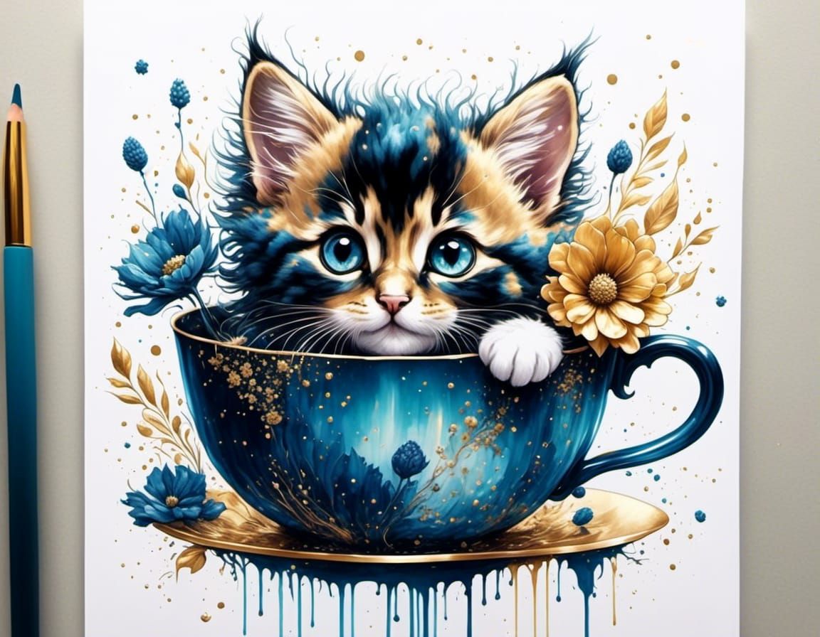 Cute Kitten in a Cup with 3D Flowers