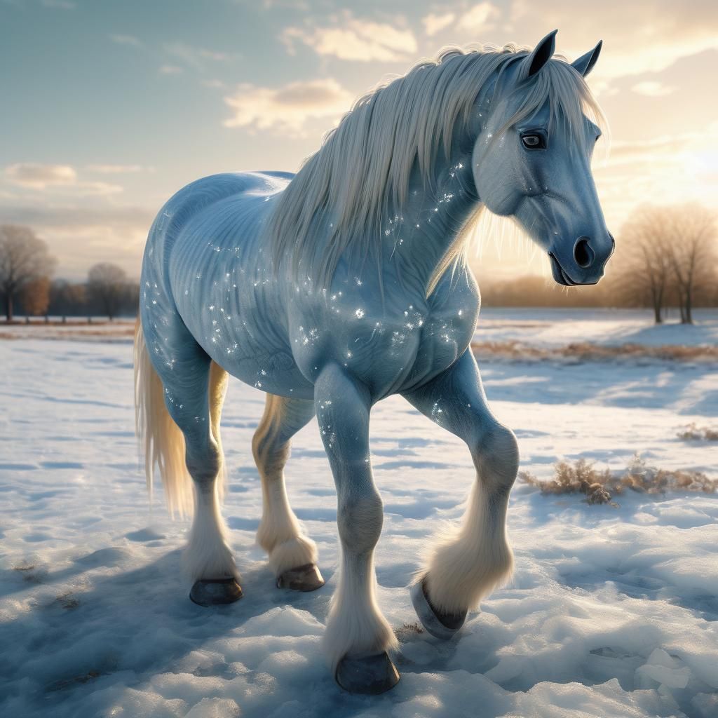 Majestic Ice Horse Eating in Open Field, Anime Art