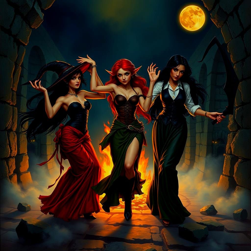 Witches' Dance of Dark Magic Under the Moon