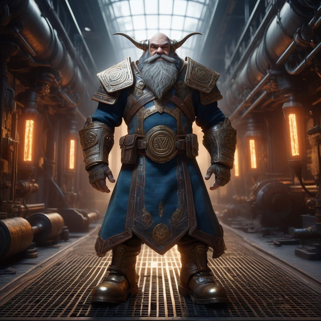 Dwarves Amidst a Futuristic Metropolis in Earth-Toned Leathe...