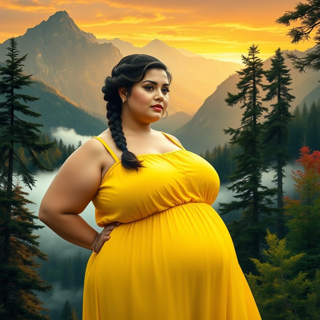 Woman in Yellow Sundress Amidst Vibrant Forest Landscape
