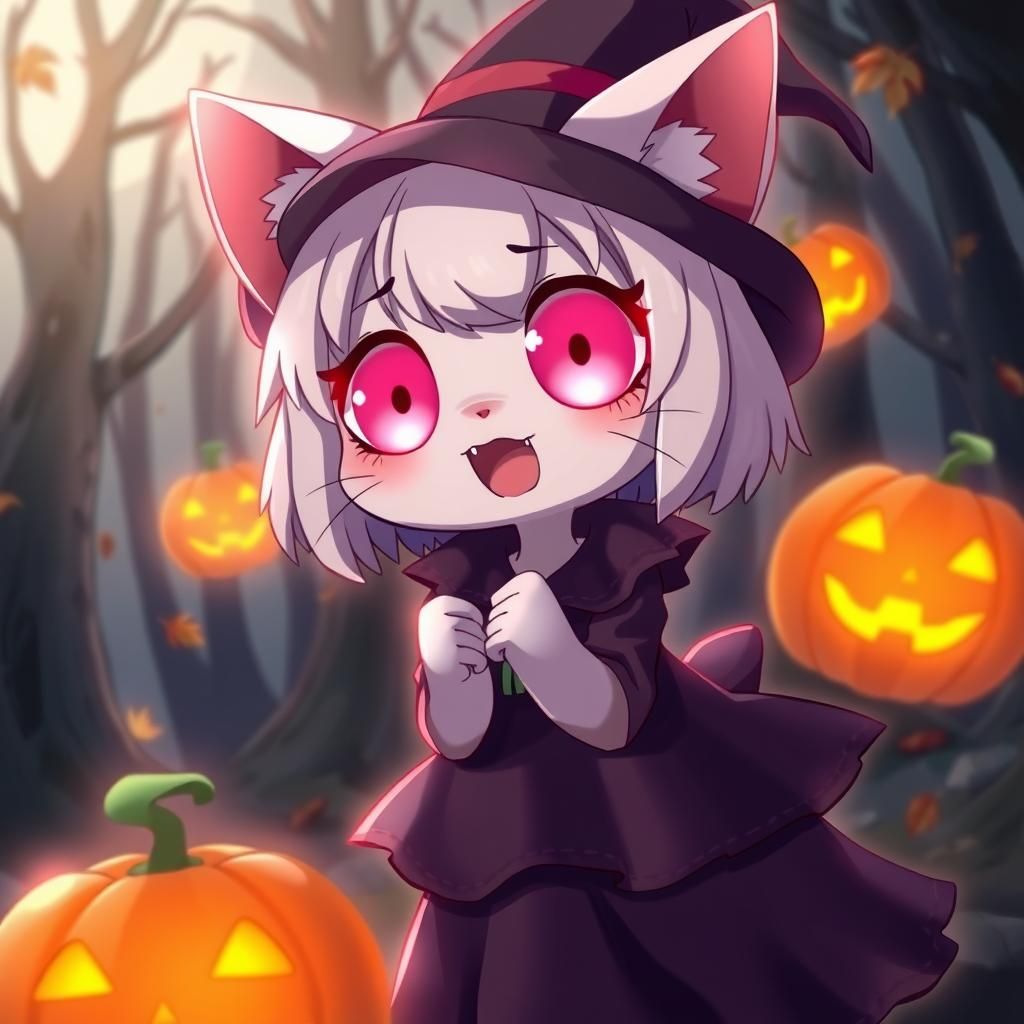 Spooky Cute Catgirl Witch in Anime Style