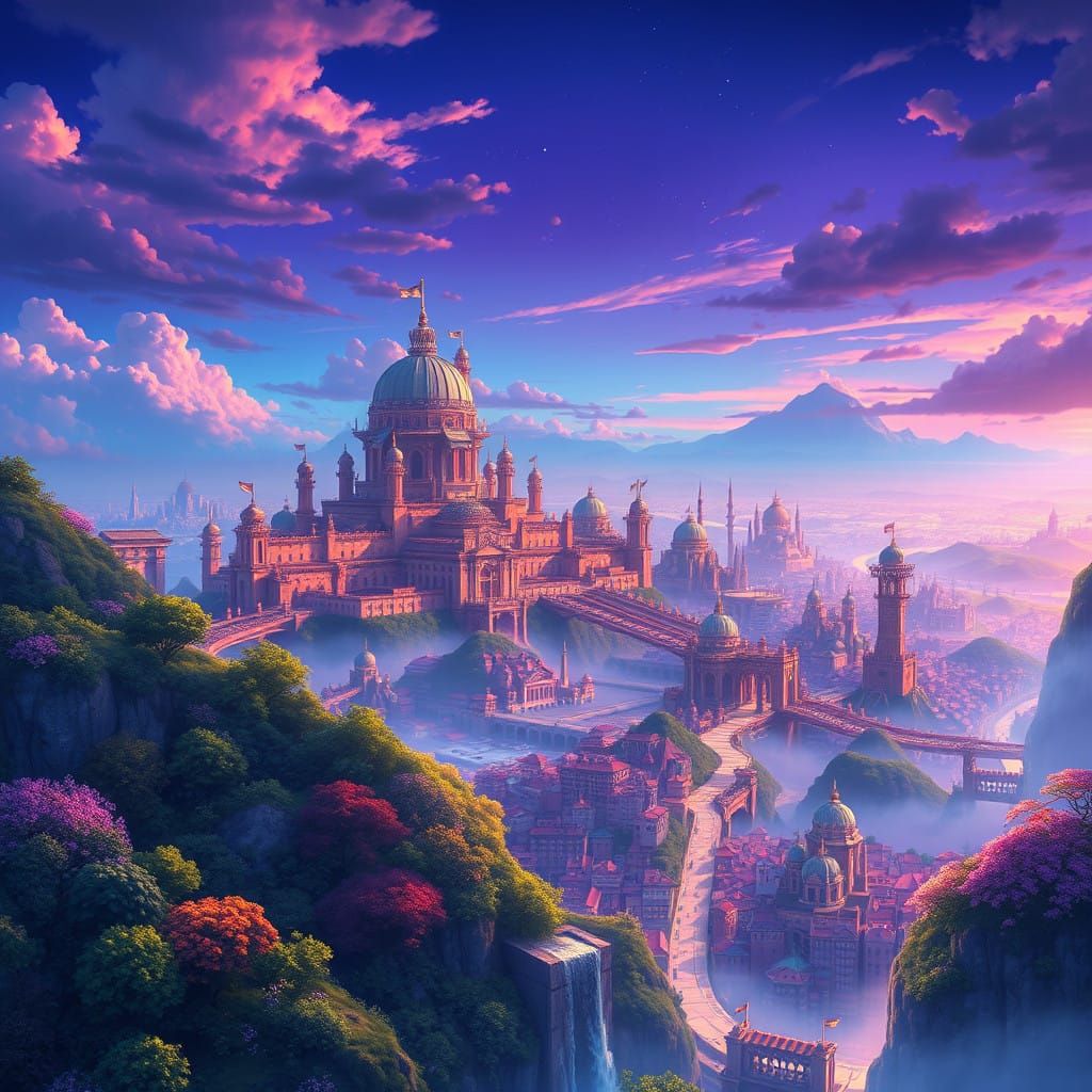 Ethereal Cityscape in Vibrant Anime Style