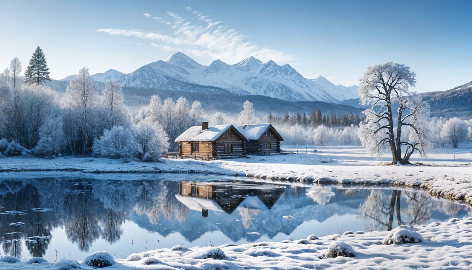 Serene Winter Landscape with Cozy Log Cabin