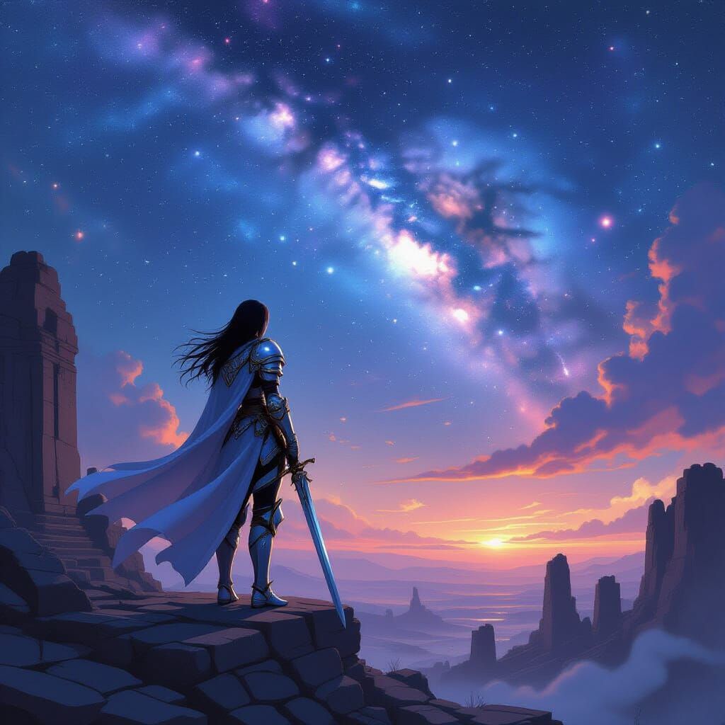 Solitary Knight Gazes at Cosmic Nebula in Fantasy Art Style
