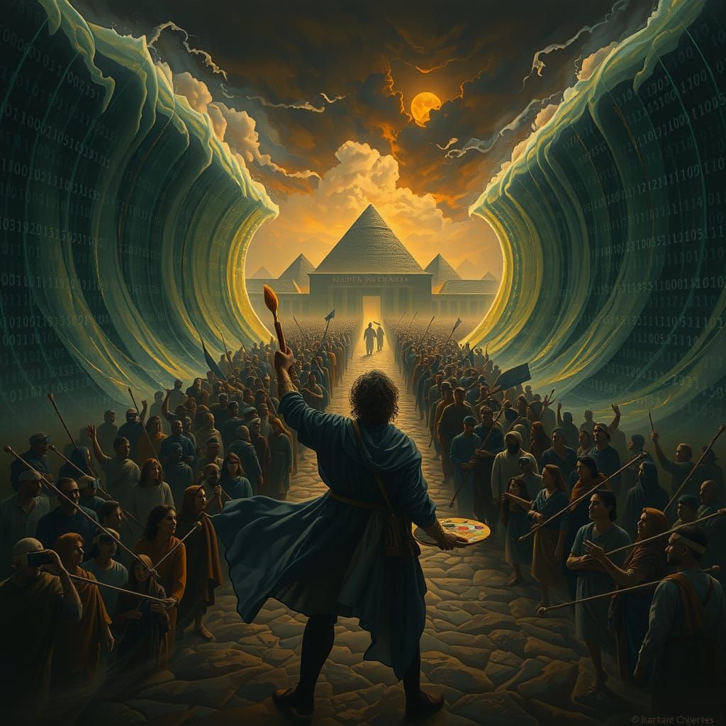 Digital Exodus: Epic Oil Painting of Modern Escape