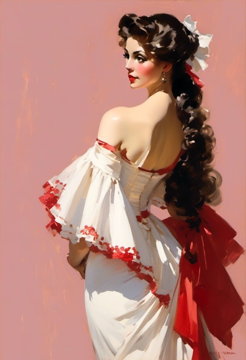 Victorian Woman in Red and Black, Dreamy Vignette