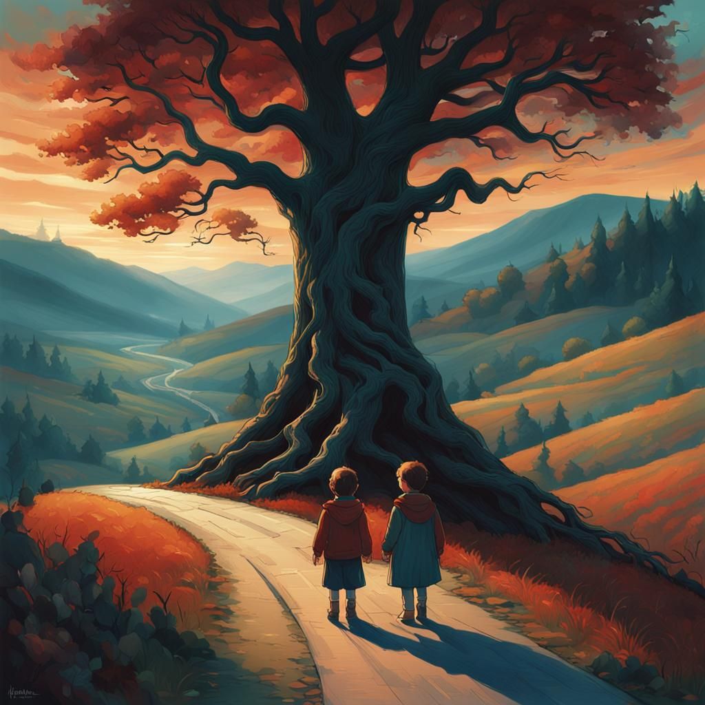 Eerie Children by Winding Road: Dark Fantasy Art