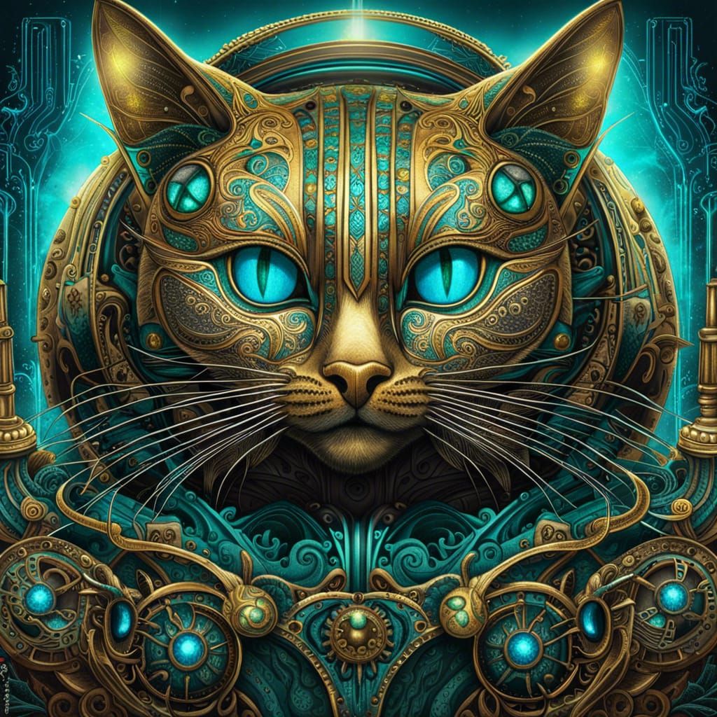 a surreal car with a body of a cat with cat head front and cat tail in the back, cyan and golden bioluminescence lights,...