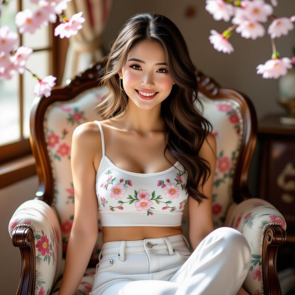 Photorealistic Japanese Woman in Cherry Blossom Top
