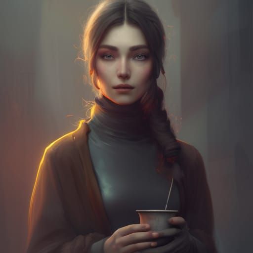 Woman in Cafe with Coffee: Detailed Matte Painting