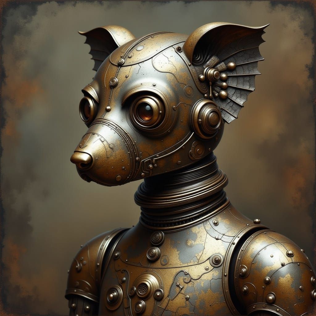 Dieselpunk Robot Dog Portrait in Crinkled Metallics