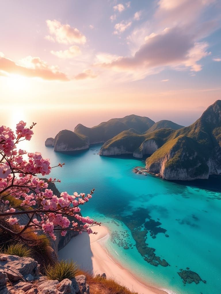 Surreal Landscape Overlooks Tranquil Turquoise Bay in a Vibr...