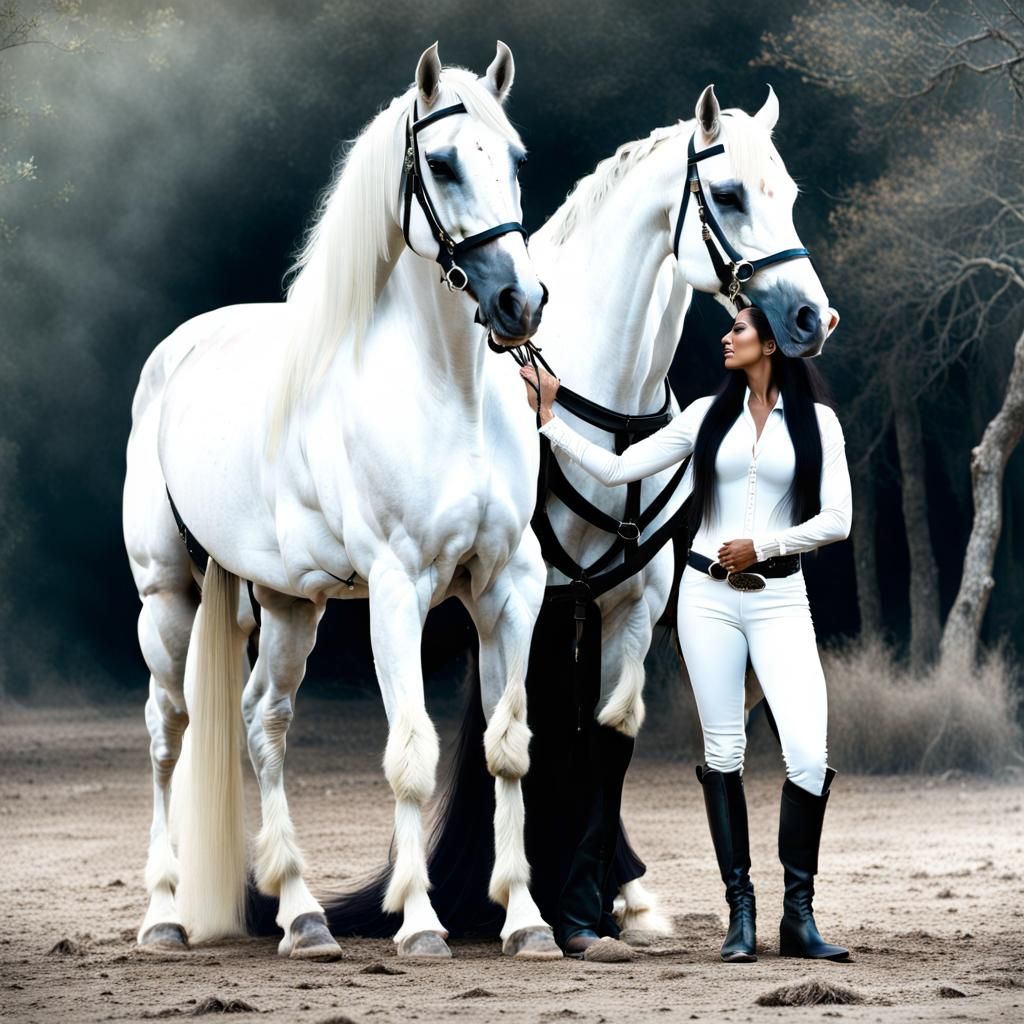 Beautiful majestic white war horse stallion standing alongsi...