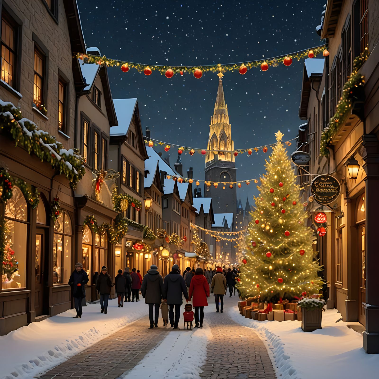 Cozy Christmas Eve Night Scene in Vibrant Holiday Lights