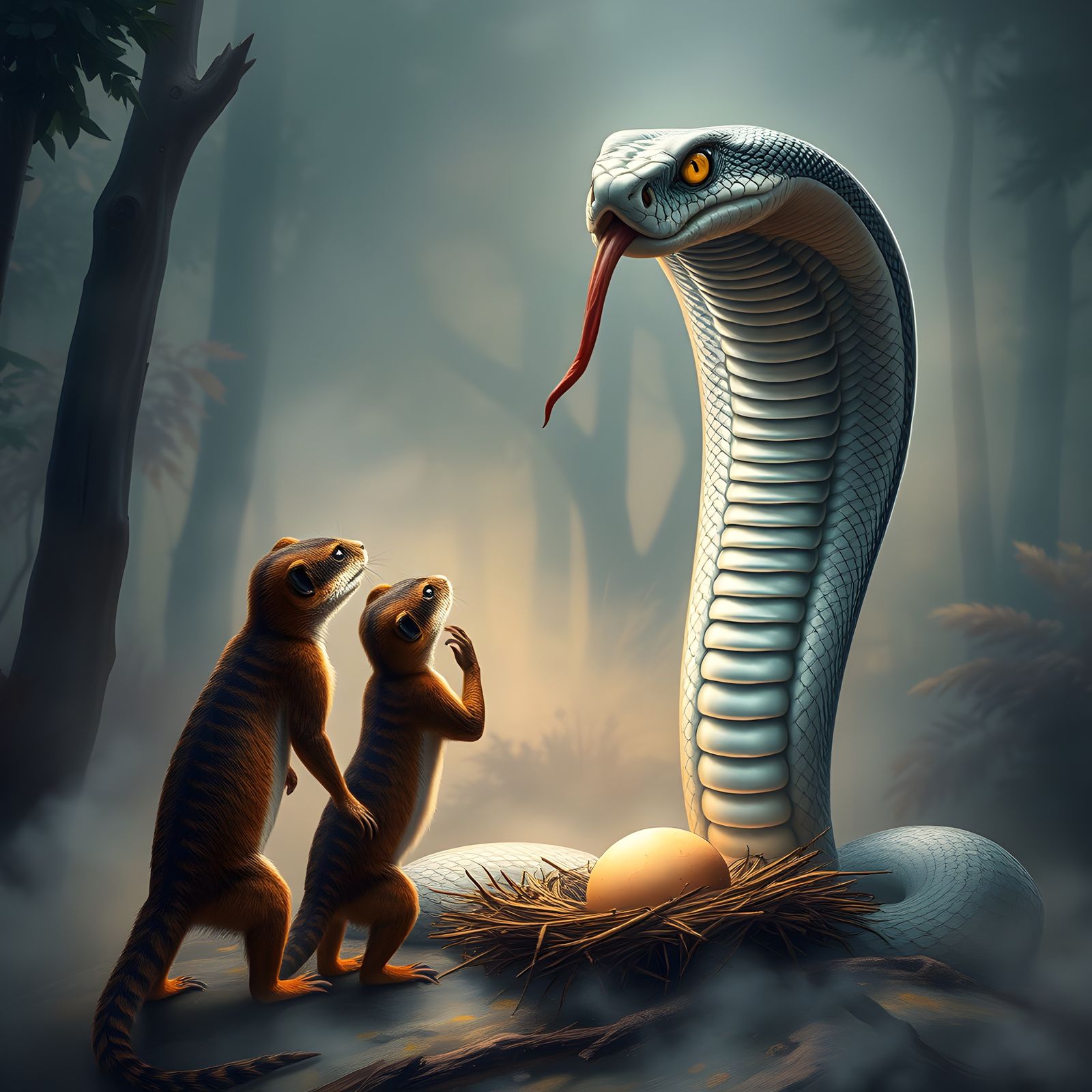 King Cobra Threatens Mongooses in Foggy Forest