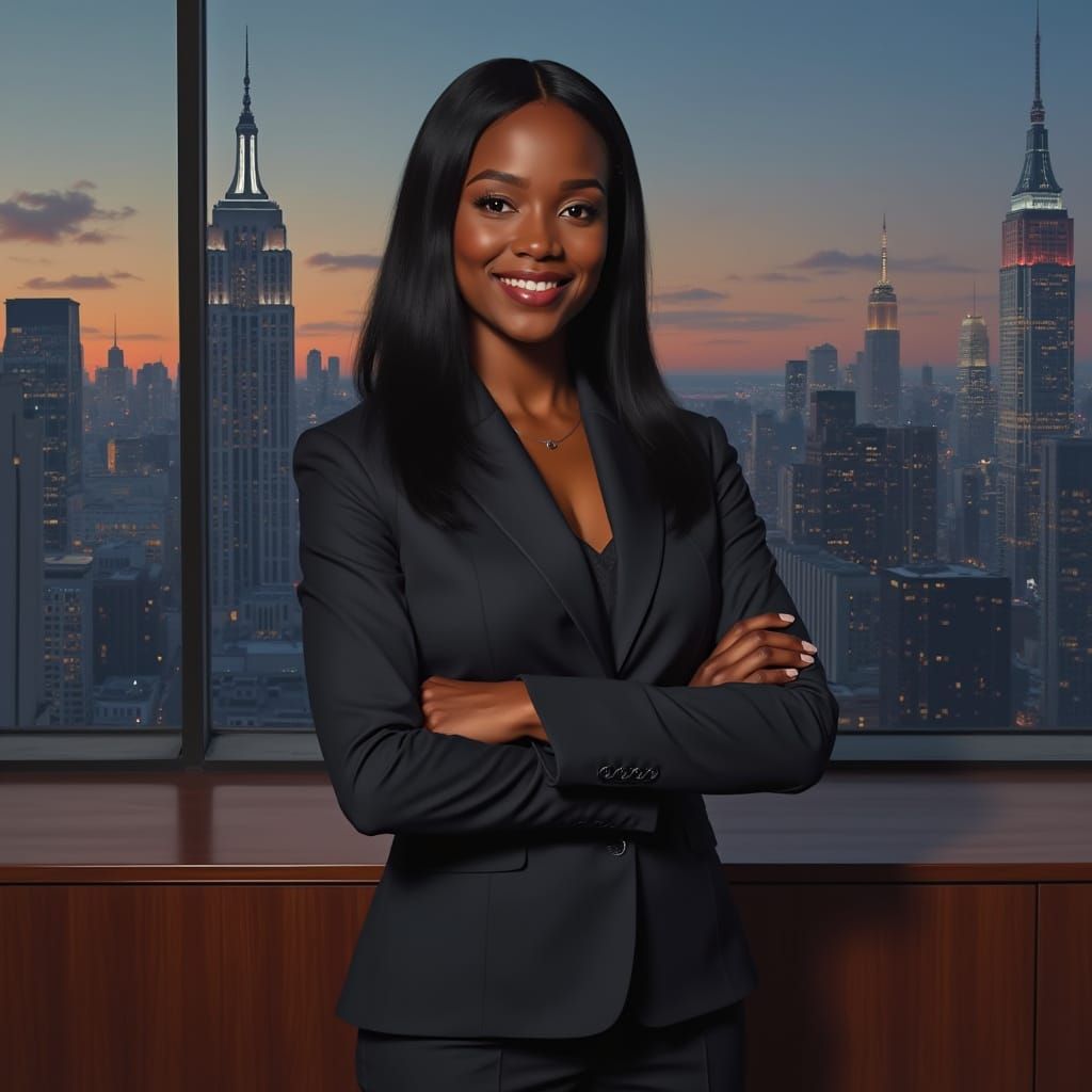 Confident Woman in City Office, Hyperrealistic Portrait