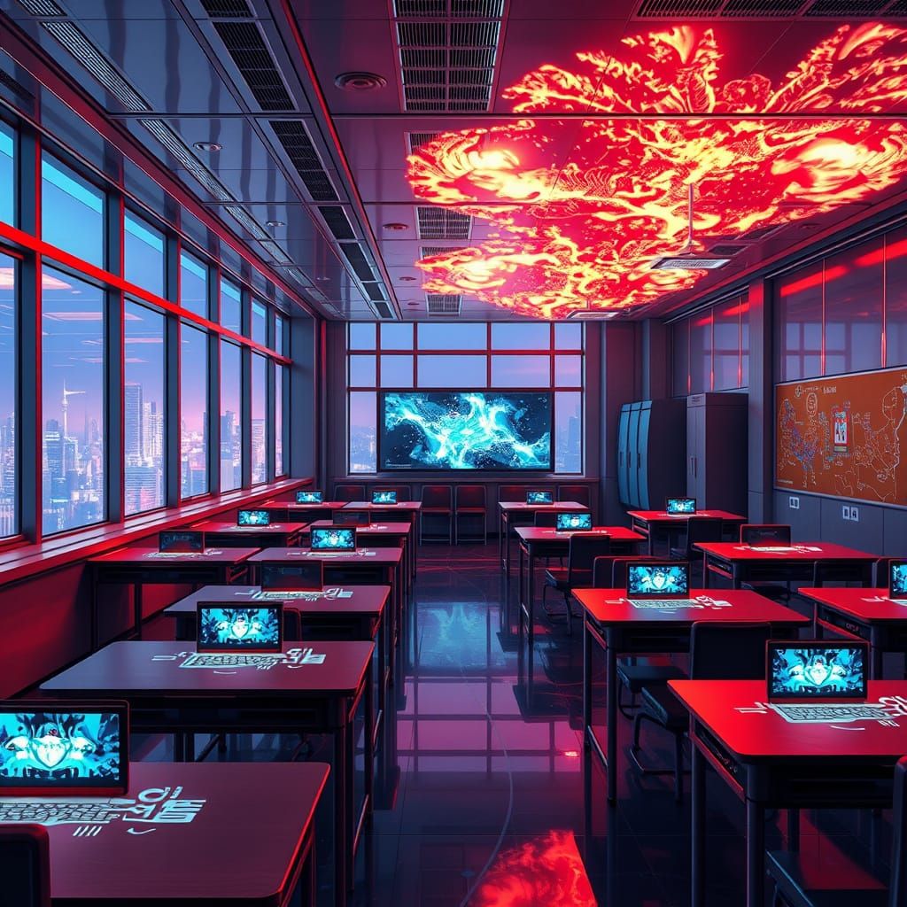 Sleek Futuristic Classroom in Neon Cityscape Style