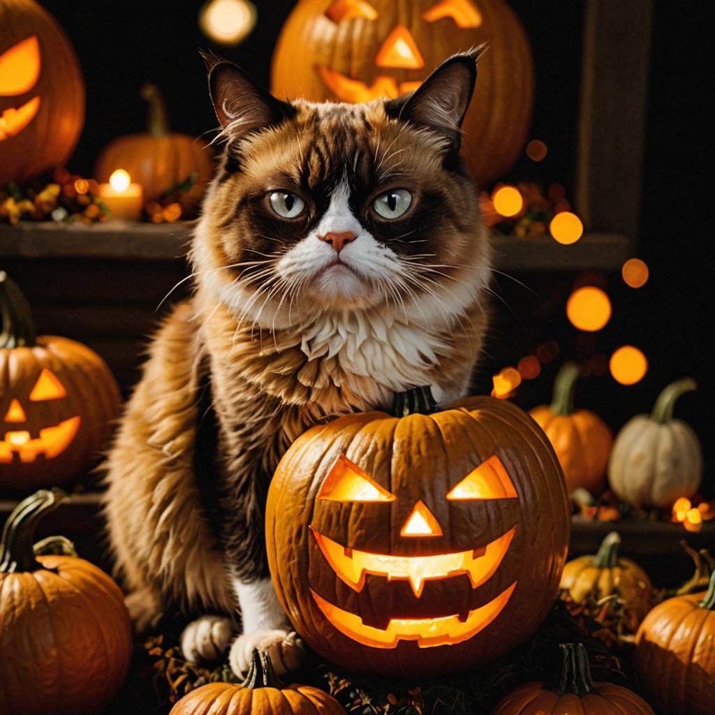 Grumpy Cat on a Pumpkin in Candlelight