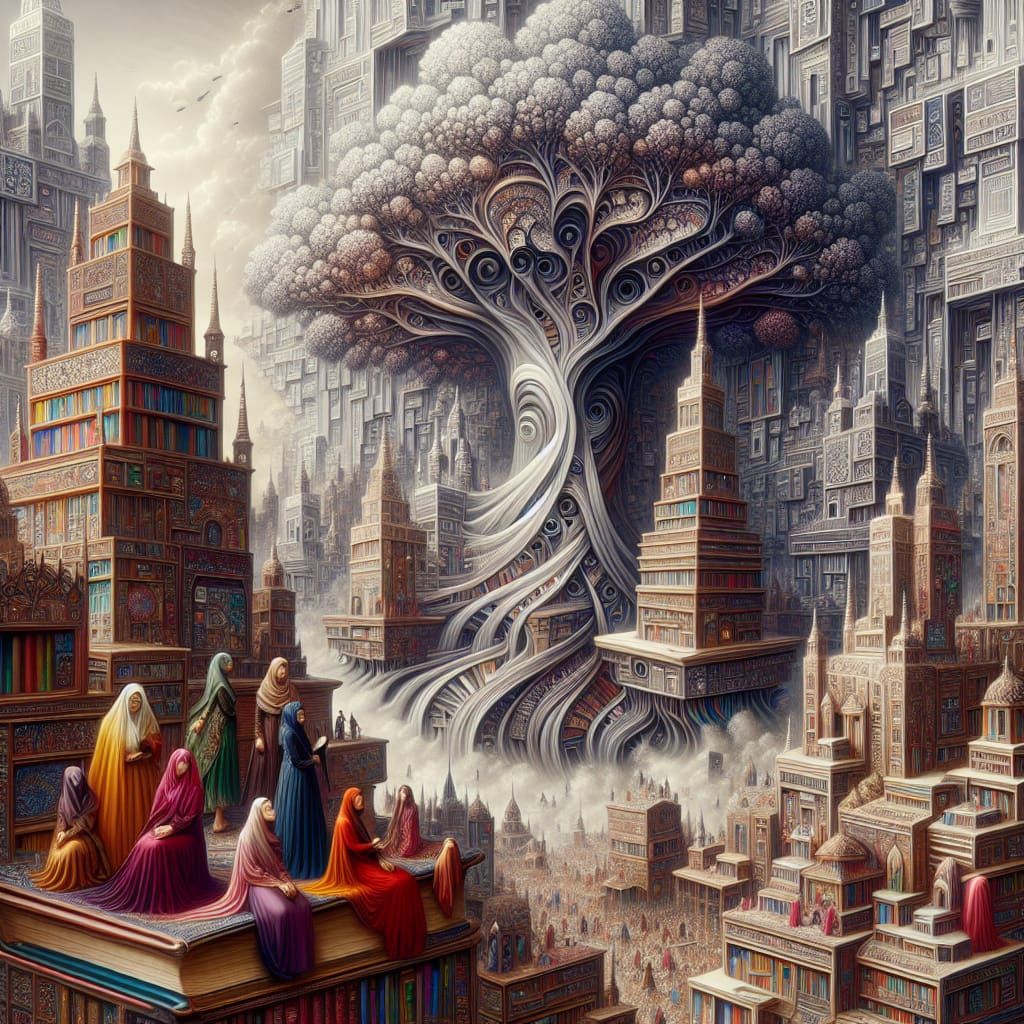 Surreal Book City with Ethereal Tree