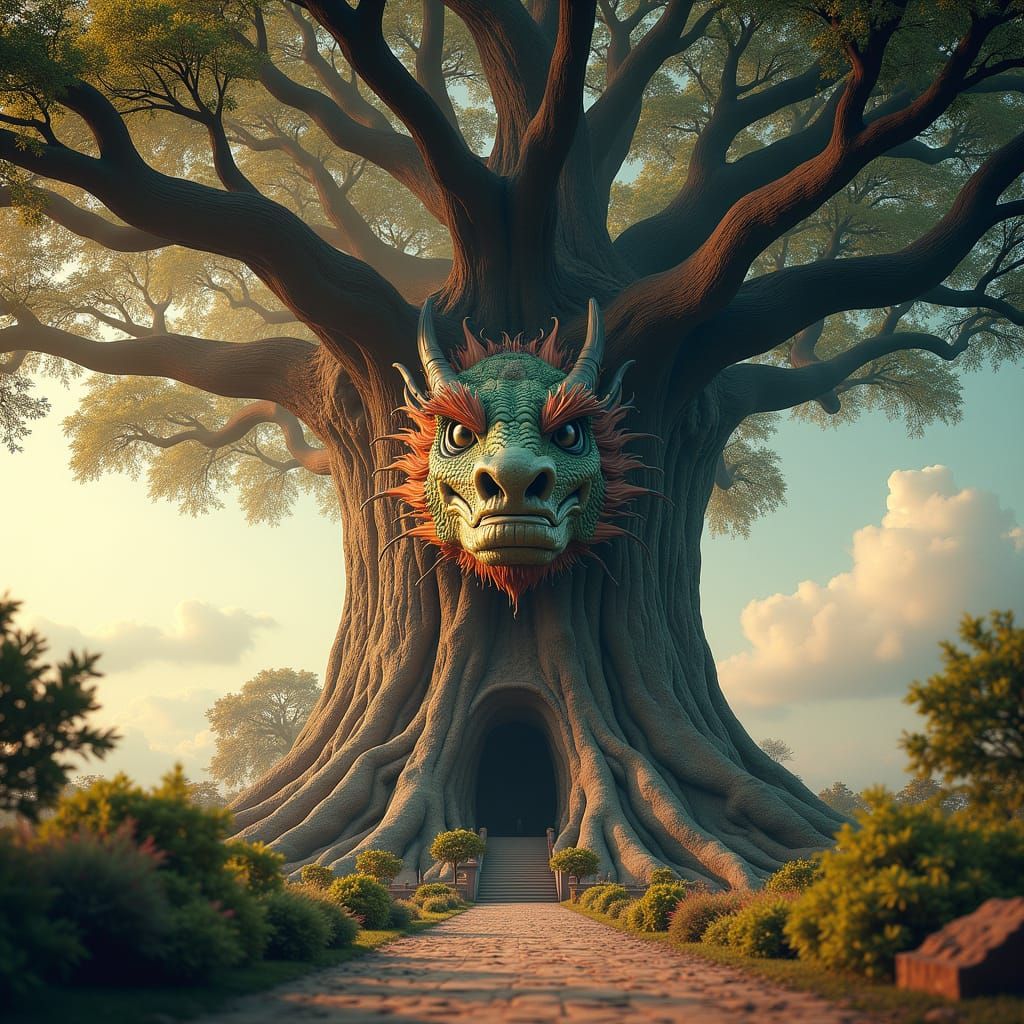 Clocktower Oak Tree Encircled by Dragon, Cinematic View