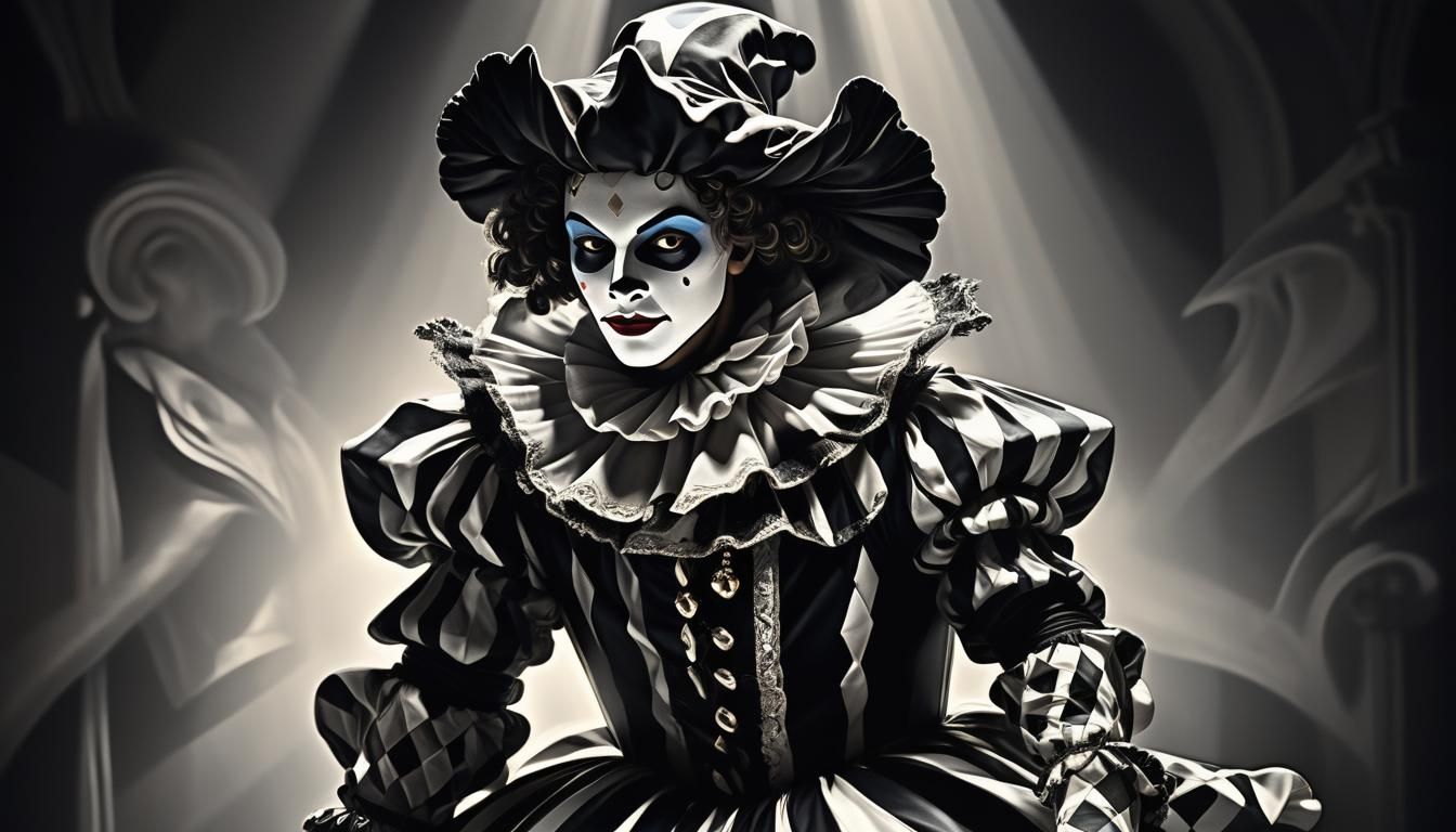 Harlequin Figure in Baroque Spotlight-Lit Theatre