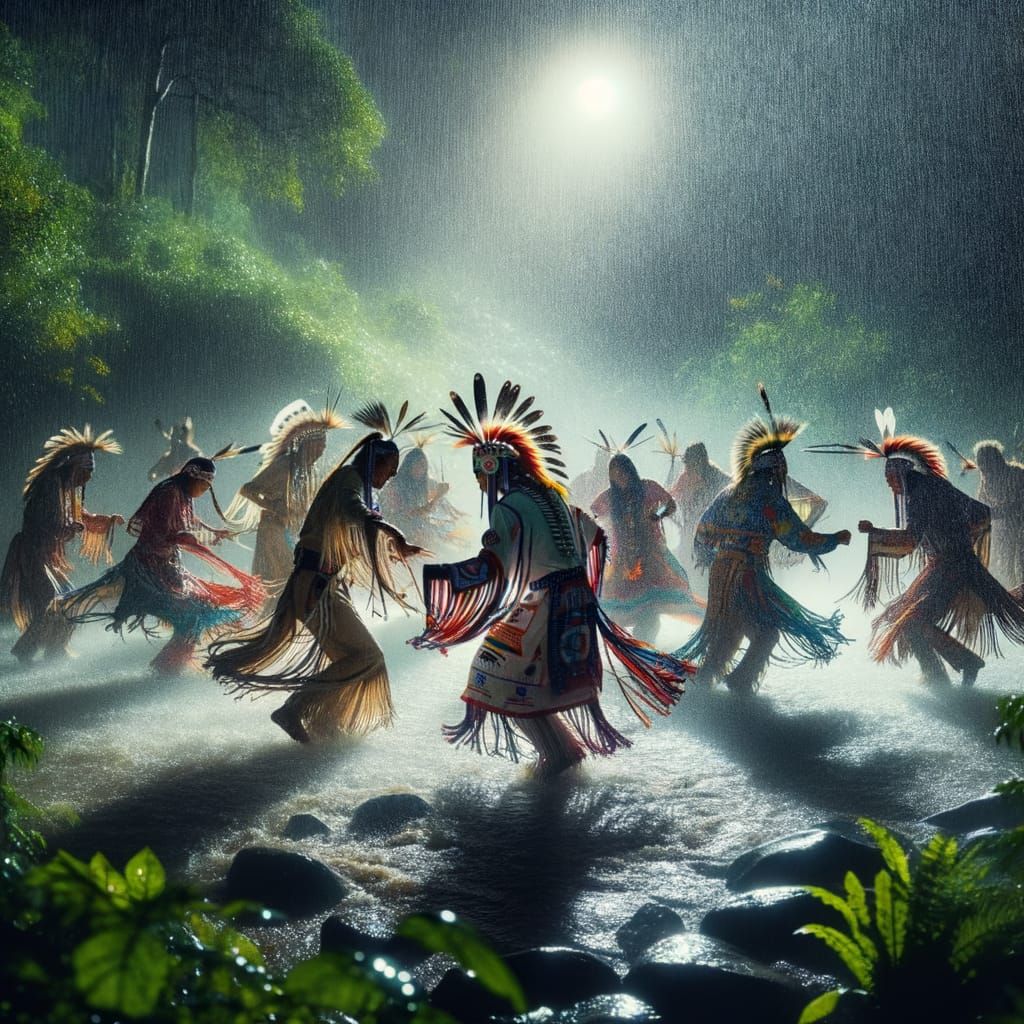 Native American Rain Dance at Night in Traditional Regalia