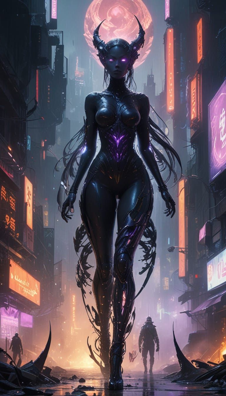 Cyberpunk Demoness in Neon Cityscape
