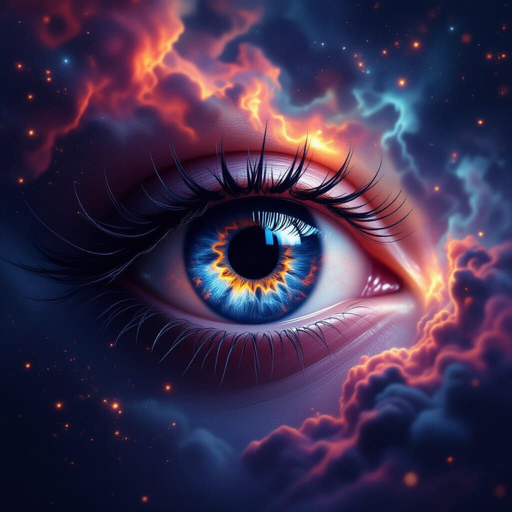 Hyperrealistic Eye in Cosmic Nebula, Digital Painting