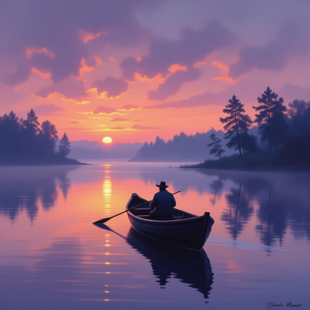 Misty Dawn Lake with Fisherman in Impressionist Style