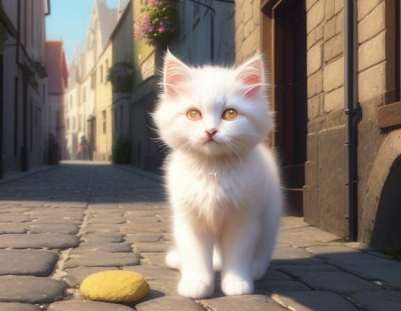 Fluffy Kitten in Sweater on Cobblestone Street