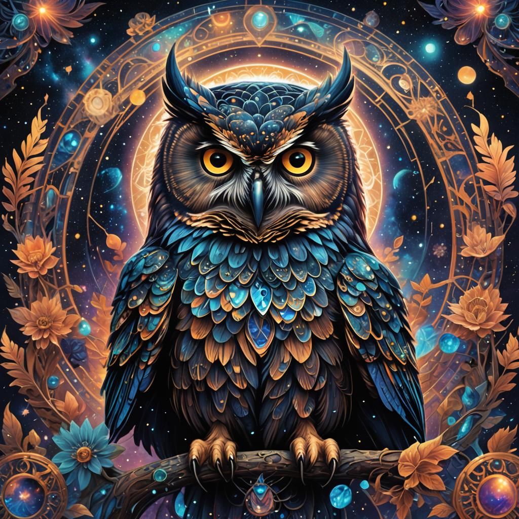 Cosmic Midnight Owl: Holographic Astral Illustration