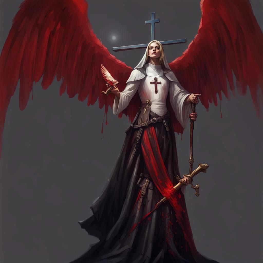 Sinister Nun with Angel in Dark Church