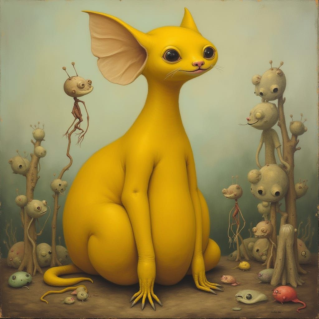 Whimsical Yellow Tamer with Creatures in Dreamlike Landscape
