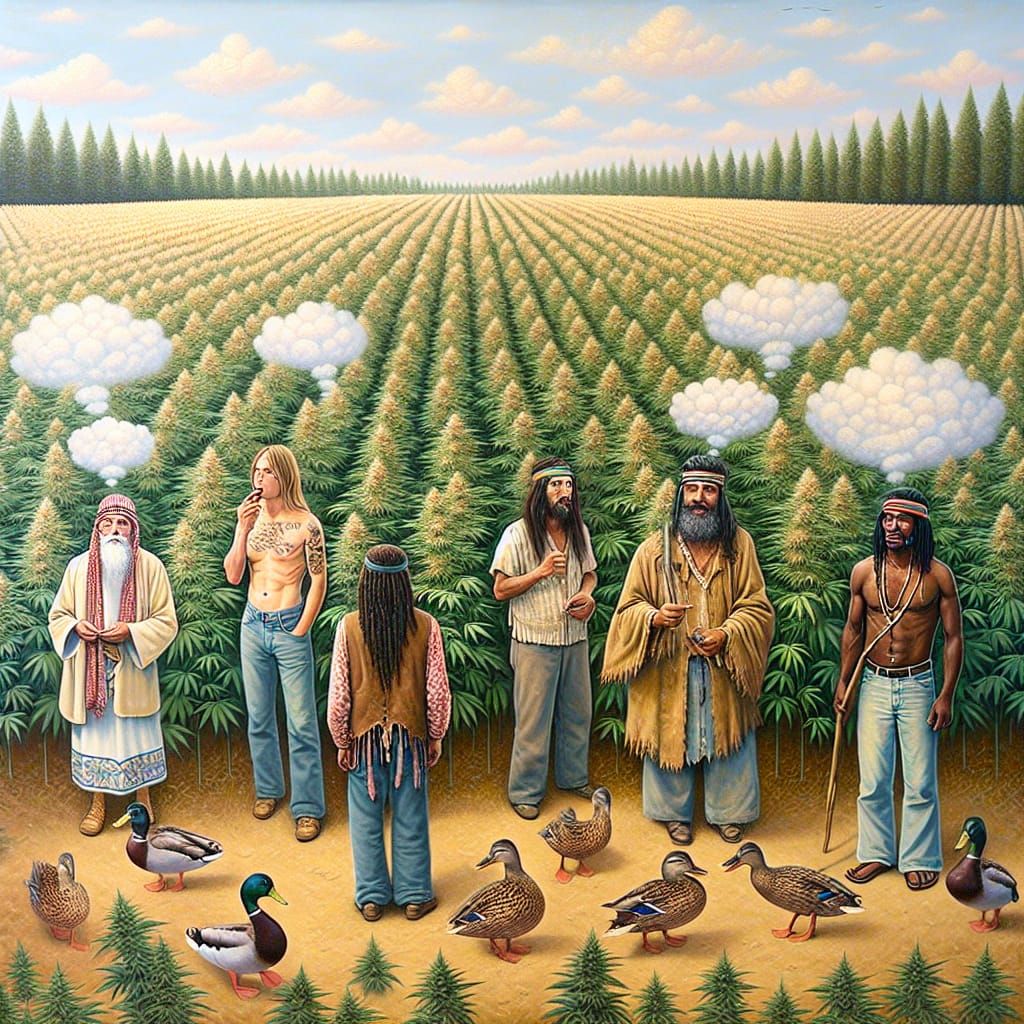 Serene Cannabis Field with Puzzled Hippies