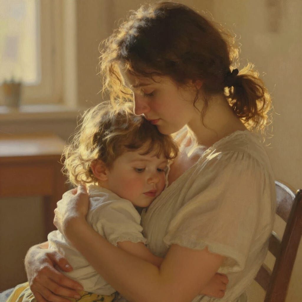 Mother Embracing Child in Golden Hour Light
