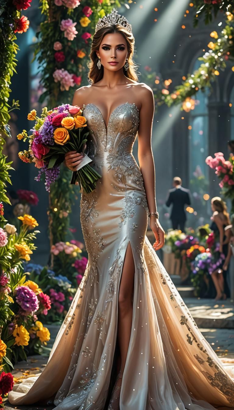 Elegant Woman in Prom Dress with Flowers
