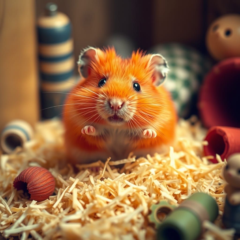 Whimsical Red Hamster in Cozy Woodland Scene