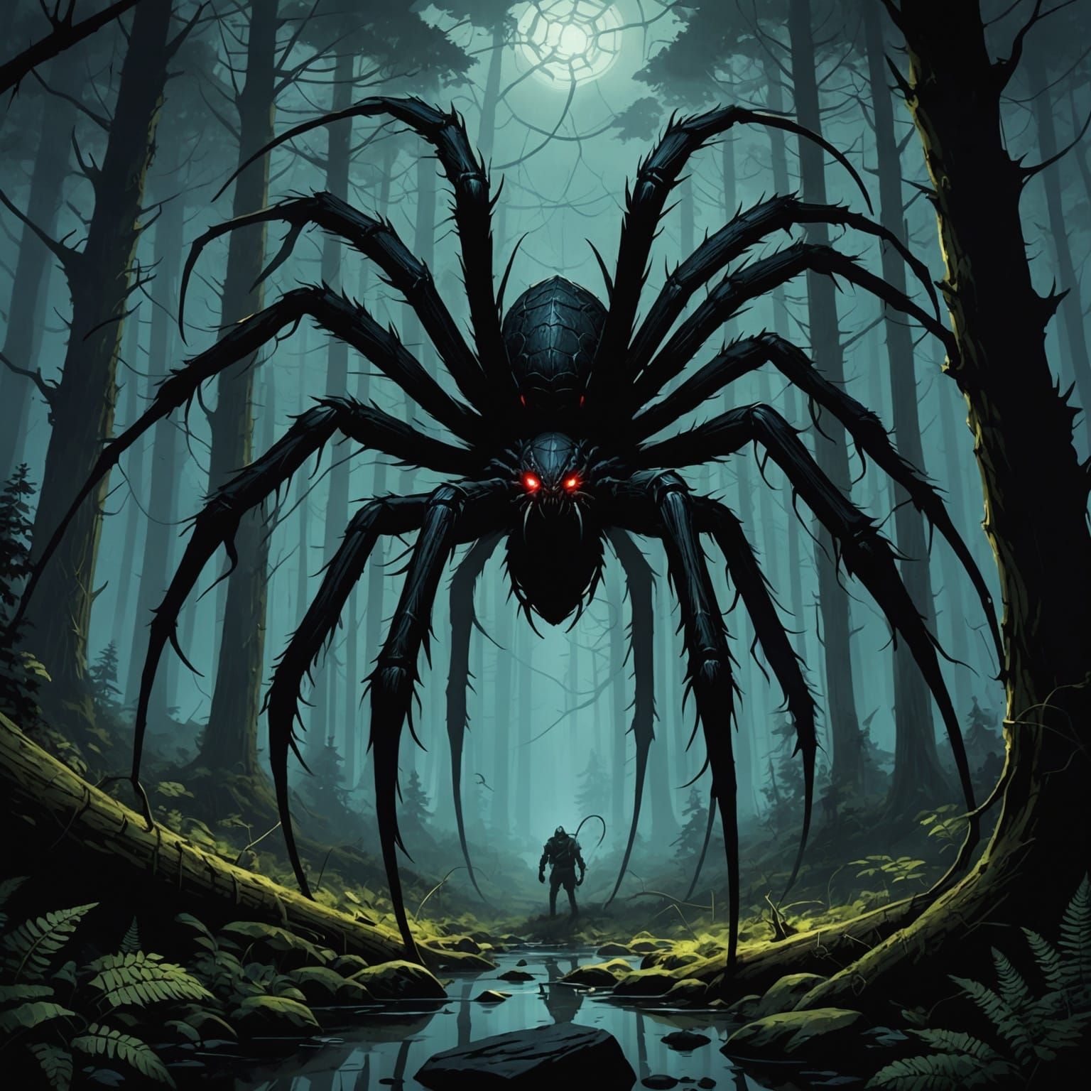 Gigantic Black Spider in Dark Fantasy Forest