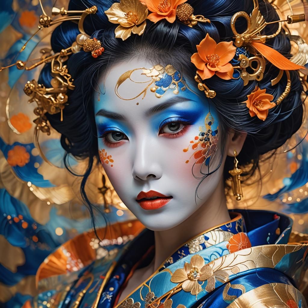 Blue Geisha Portrait in Abstract Expressionism Style