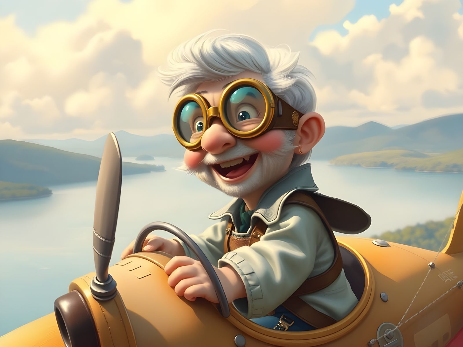 Joyful Steampunk Grandpa Piloting Biplane as Oil Painting
