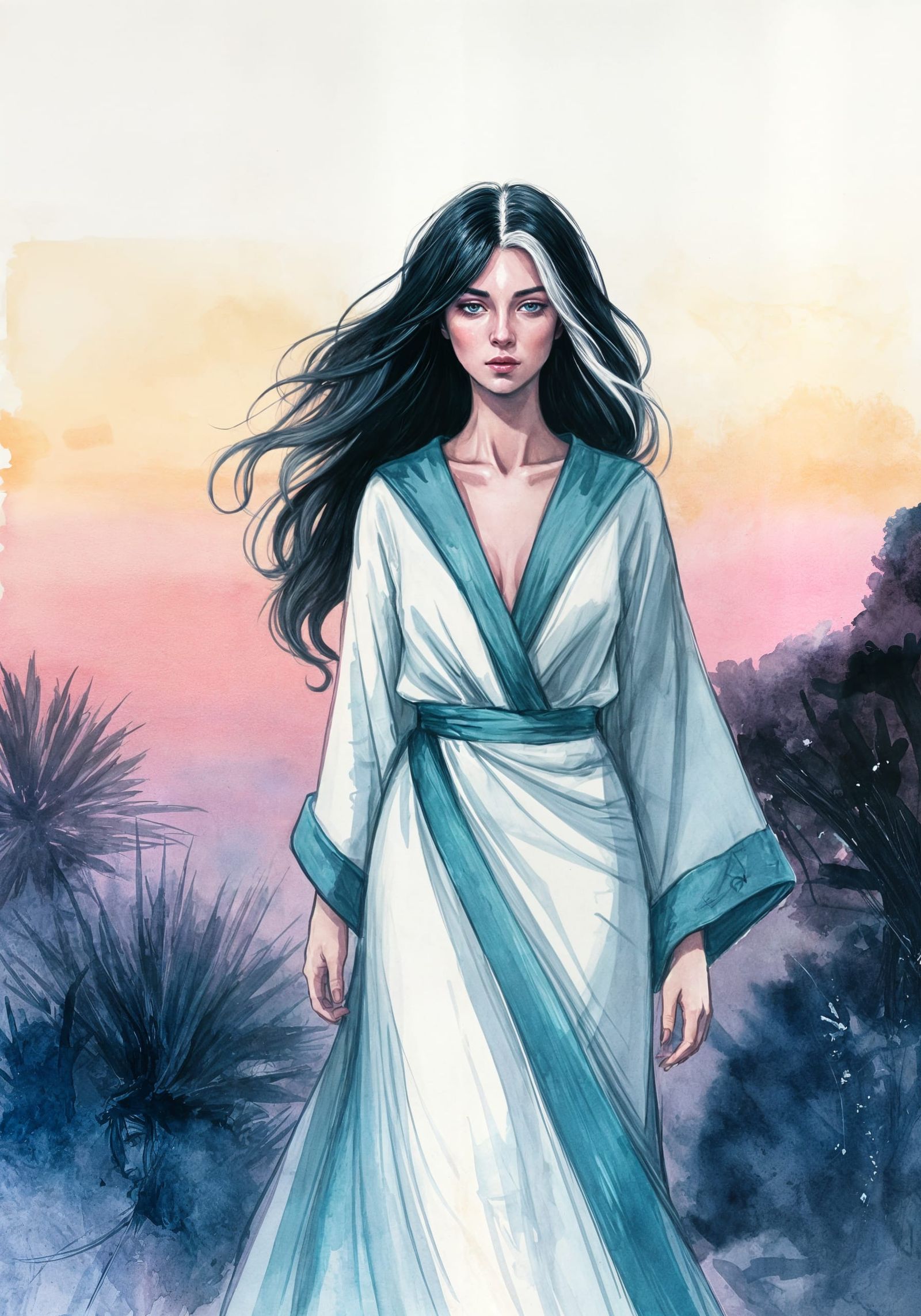 Enchantress Walking Alonely in Mediterranean Twilight