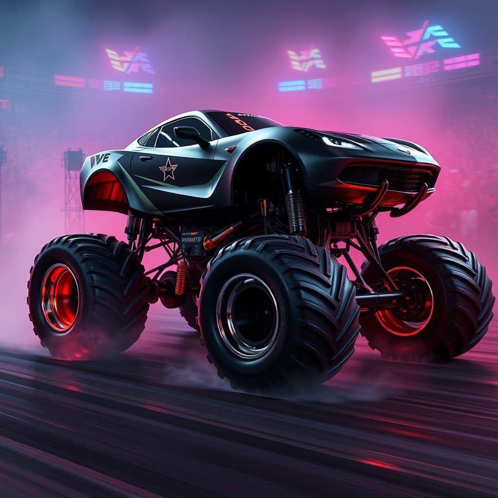 Cyberpunk Corvette Monster Truck Rips Through Neon Arena