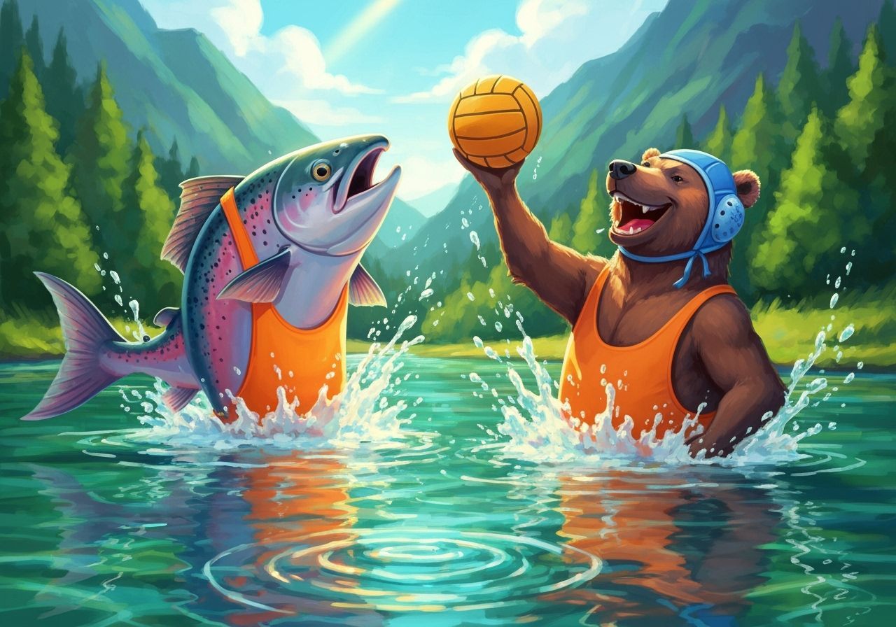 Salmon & Bear Play Waterpolo in Mountain Stream